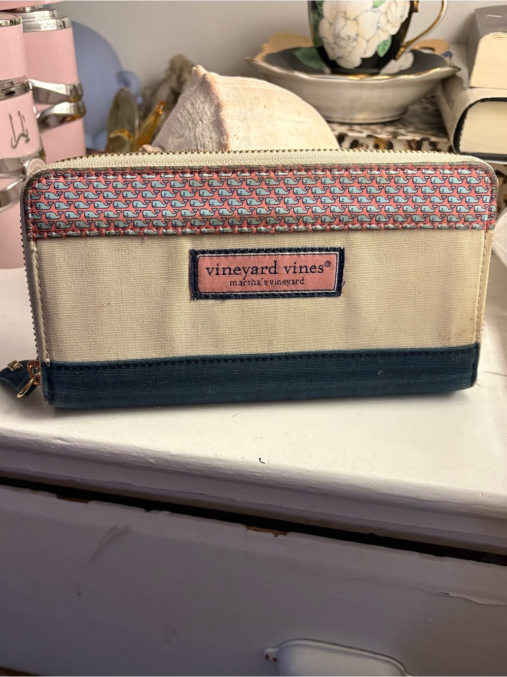 Vineyard Vines Pink, Cream & Blue Canvas Zip Wallet